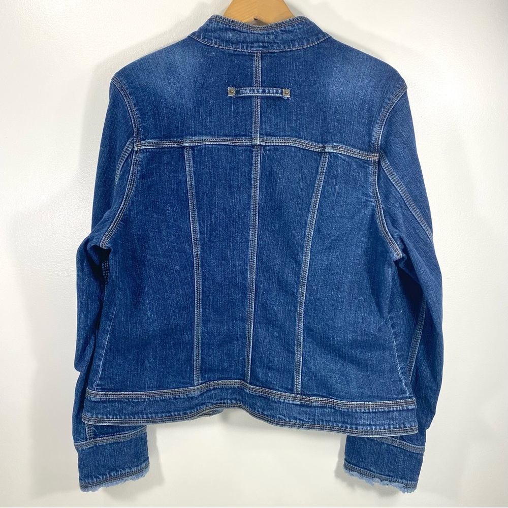 Kikit Jeans Frayed Raw Edge Distressed Trucker Blue Denim Jean Jacket Stretch XL - Picture 3 of 10